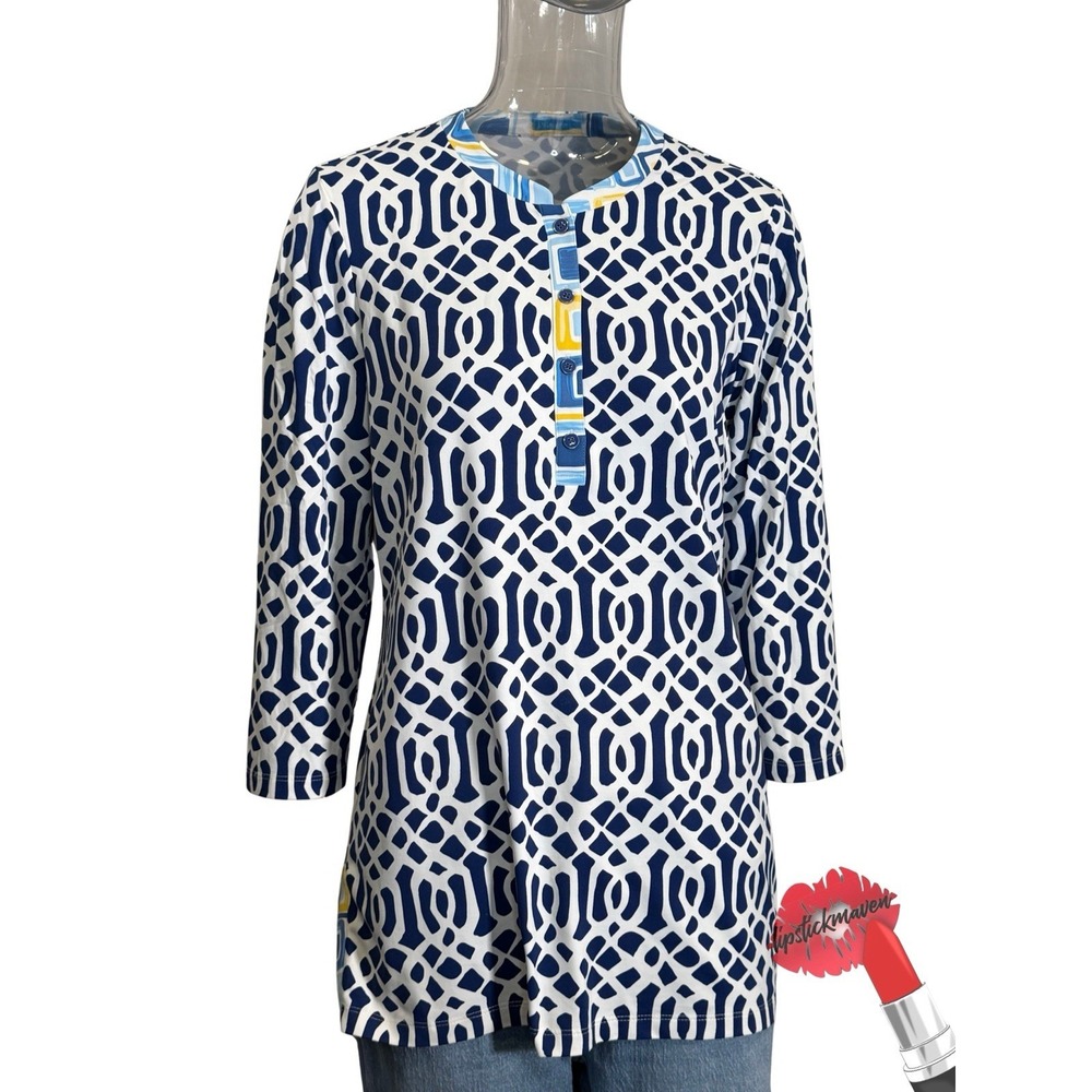 J McLaughlin Tunic Top Medium Blue Geometric Shirt Coastal Beach Resort